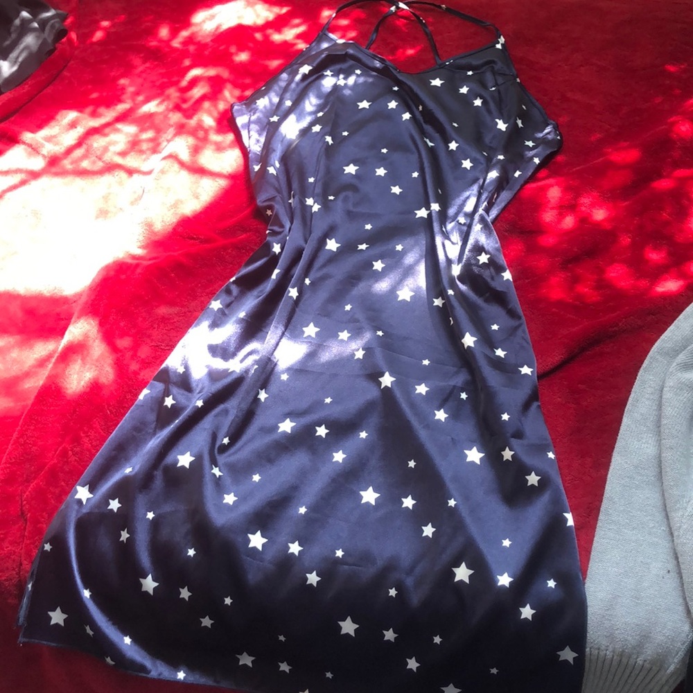 Dark blue with stars spaghetti strap dress with dual slits